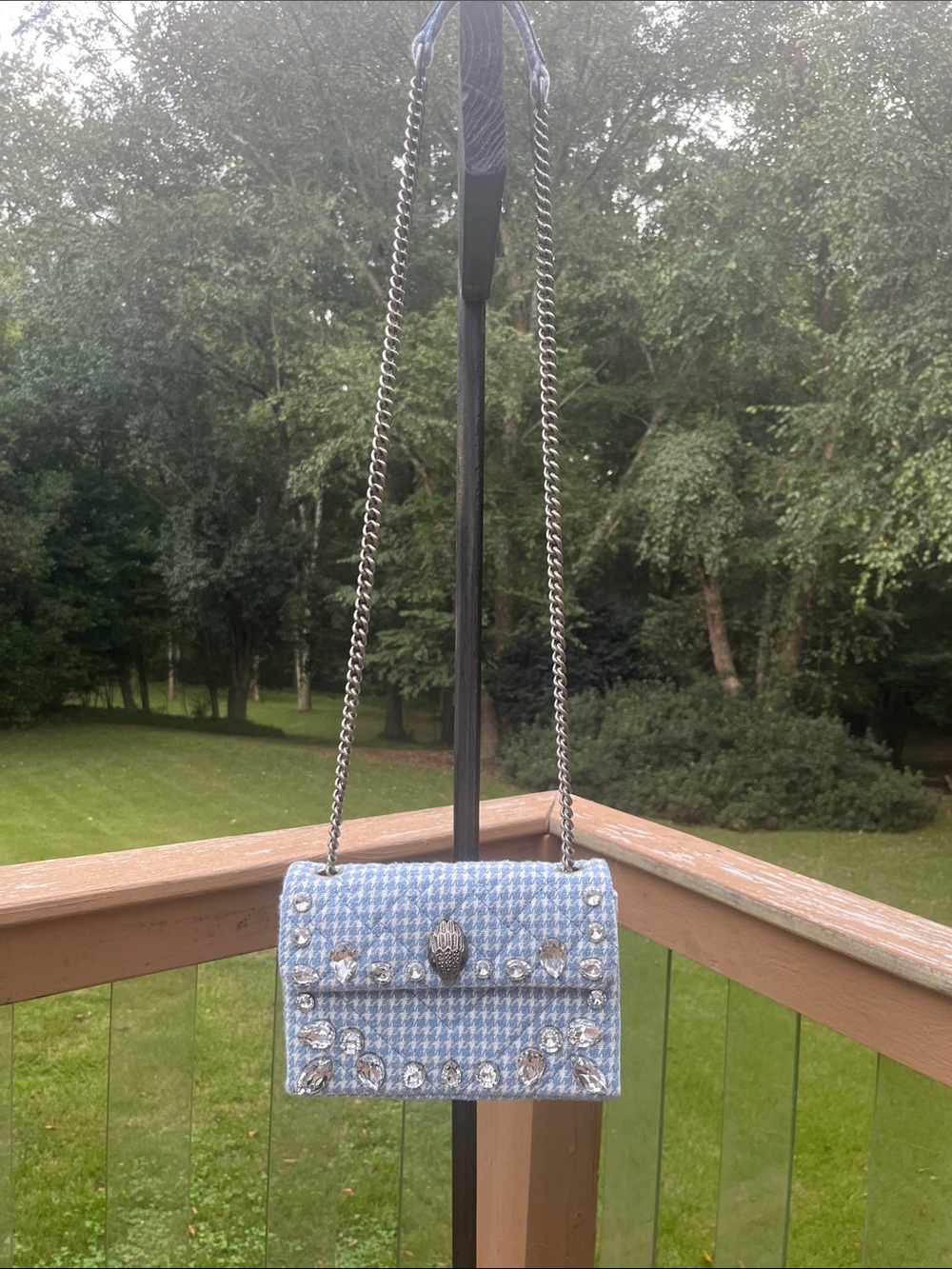 Kurt Geiger Light Blue Tweed Chain Crossbody Bag with Crystal Accents